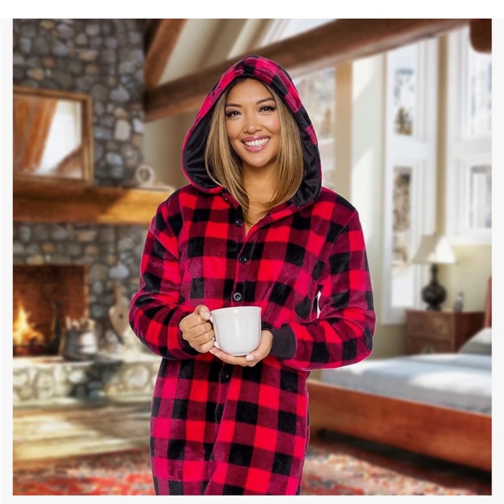 Silver Lily Hooded Buffalo Plaid Footed One Piece Pajamas Cabincore Cozy Lounge